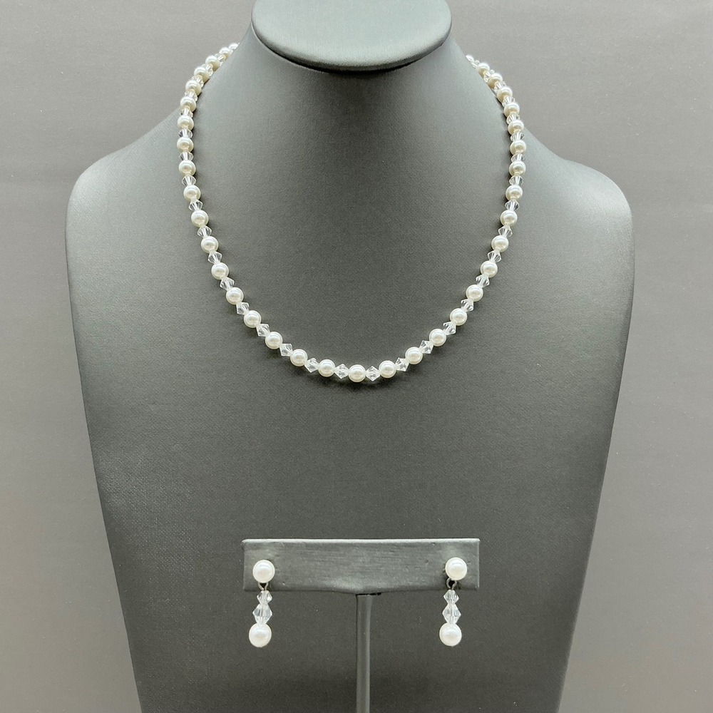 Necklace Women White Tone Faux Pearl Crystal Beaded Bridal Wedding‎ Set 18 Inch